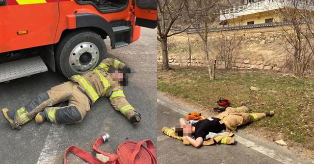 산불 진화 작업 뒤 바닥에 주저앉은 소방관들. / 스레드 화면 캡처