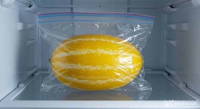 랩으로 감싼 참외를 지퍼백에 넣어 냉장고에 보관한 모습. / 위키푸디