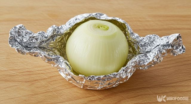 양파를 쿠킹호일로 감싼 모습. / 위키푸디