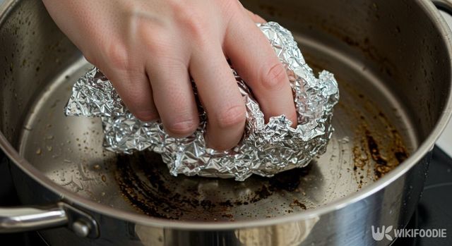쿠킹호일로 스테인리스 냄비를 문지르고 있다. / 위키푸디