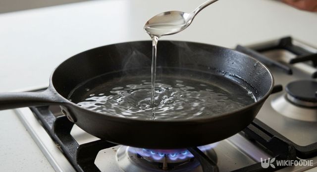 새로 산 프라이팬을 물과 식초로 세척하고 있다. / 위키푸디