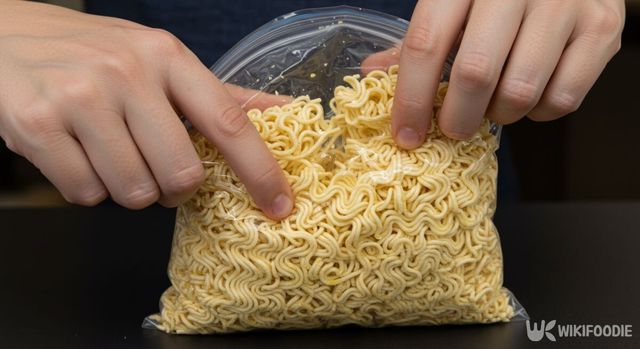 라면 사리를 지퍼백에 넣어 부수는 모습. / 위키푸디