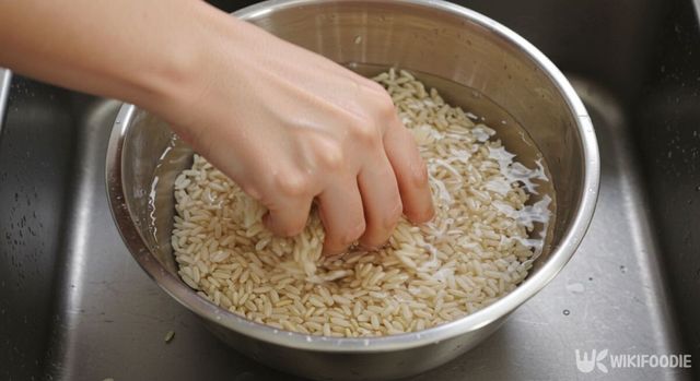 현미를 세척하는 모습. / 위키푸디