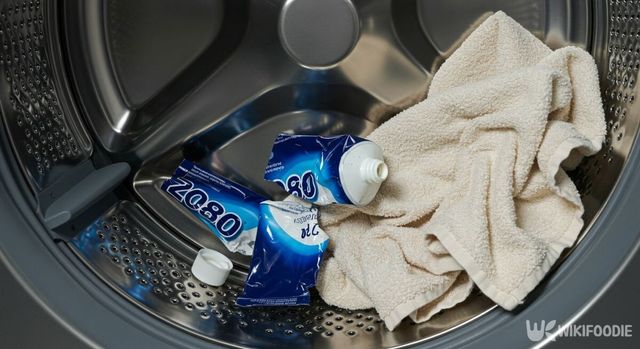 조각 낸 치약 튜브와 수건을 세탁기에 넣은 모습. / 위키푸디