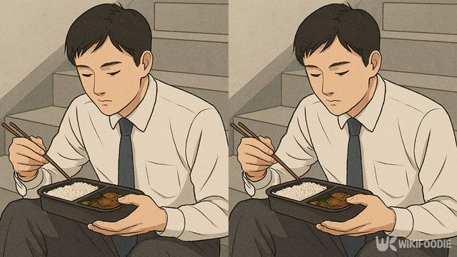 계단에서 혼밥하는 직원의 모습. / 위키푸디