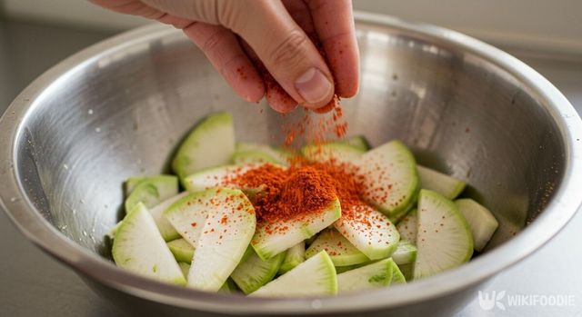 물기를 뺀 무에 고춧가루를 더하고 있다. / 위키푸디