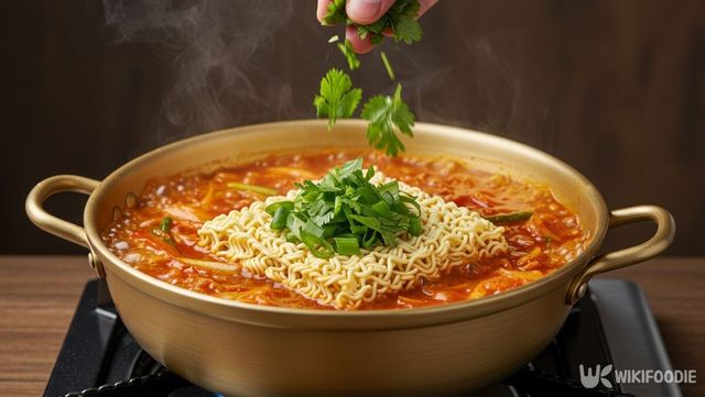 라면에 고수를 넣는 모습. / 위키푸디