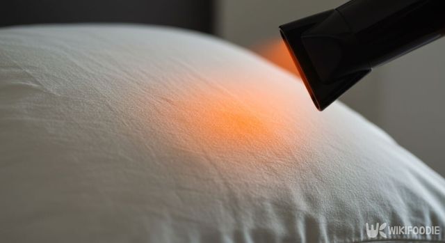 헤어드라이어로 베개에 뜨거운 바람을 쐬고 있다. / 위키푸디