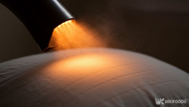 헤어드라이어로 베개에 뜨거운 바람을 쐬고 있다. / 위키푸디