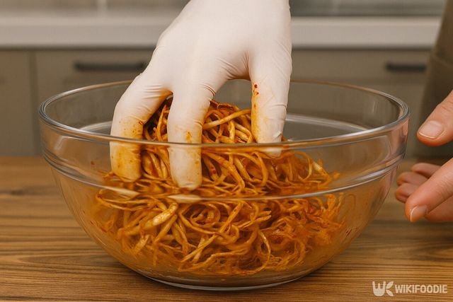 씀바귀와 양념을 버무리는 모습. / 위키푸디