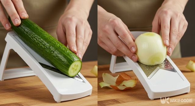 오이와 양파를 채칼에 슬라이스하고 있다. / 위키푸디