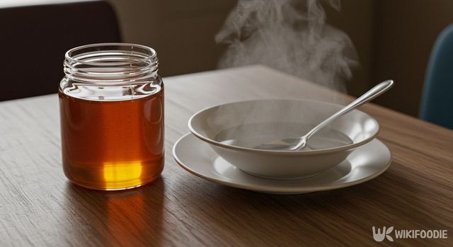 꿀을 깔끔하게 퍼내기 위해 숟가락을 데우고 있다. / 위키푸디