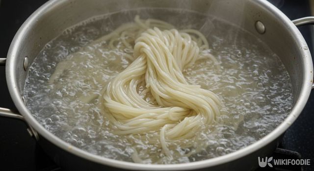 비빔국수용 중면을 삶고 있다. / 위키푸디