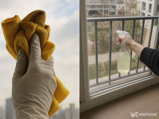 방충망에 쌀뜰물을 뿌린 후 닦고 있는 모습. / 위키푸디