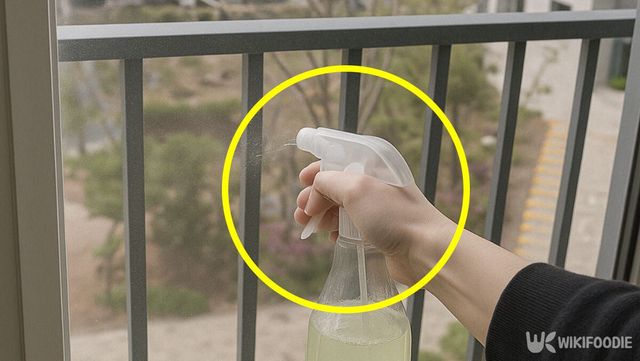 쌀뜰물이 담긴 분무기를 방충망에 뿌리는 모습. / 위키푸디