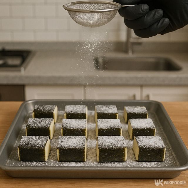 김으로 감싼 두부 위에 감자 전분을 뿌리는 모습. / 위키푸디