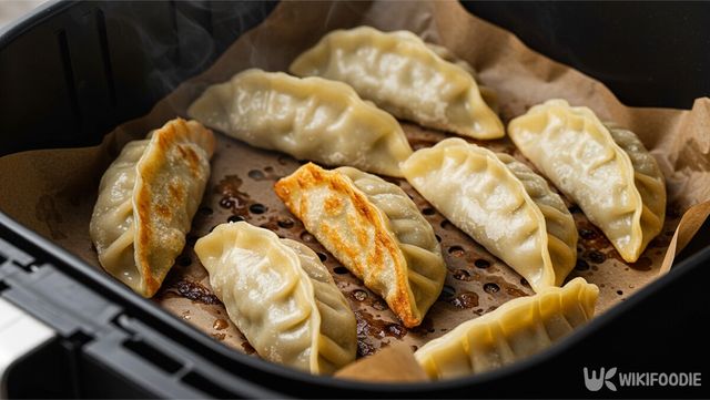 냉동만두를 종이호일에 올린 뒤 에어프라이어에서 굽는 모습. / 위키푸디