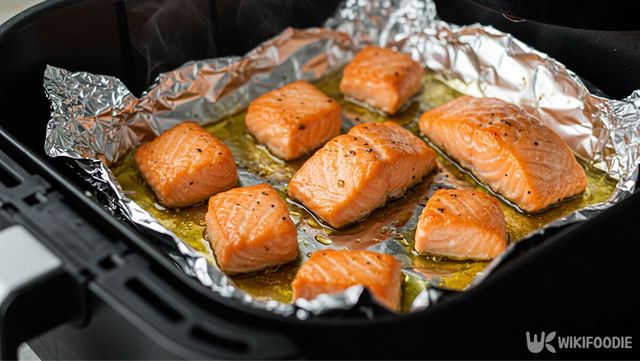 연어를 은박지 위에 올려 에어프라이어에서 조리하는 모습. / 위키푸디