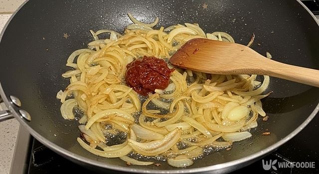 볶은 양파에 고추장 1스푼을 넣은 모습. / 위키푸디