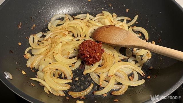 볶은 양파에 고추장 1스푼을 넣은 모습. / 위키푸디