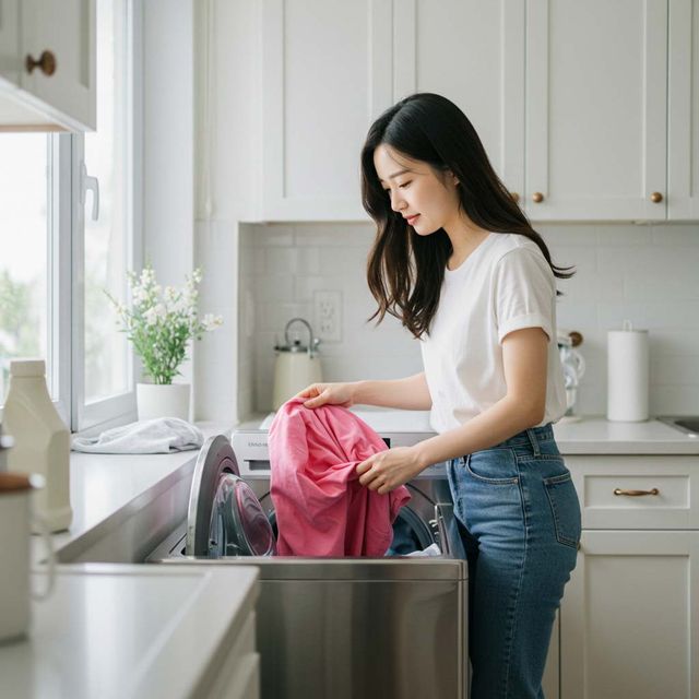 라운드 티셔츠는 섬세 세탁 모드로 30도 이하 찬물에서 세탁해야 목 늘어짐을 막을 수 있다. / AI 툴로 제작한 이미지.