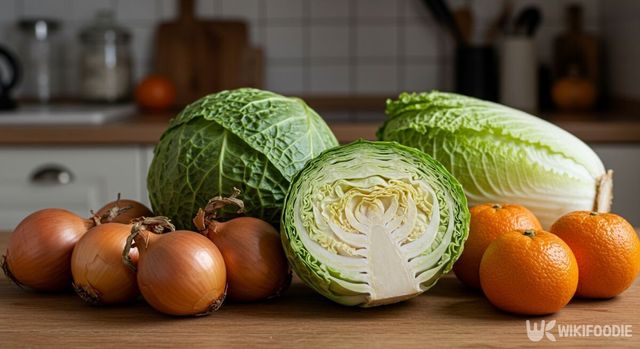 양파, 양배추, 배추, 감귤이 식탁에 놓여 있다. / 위키푸디