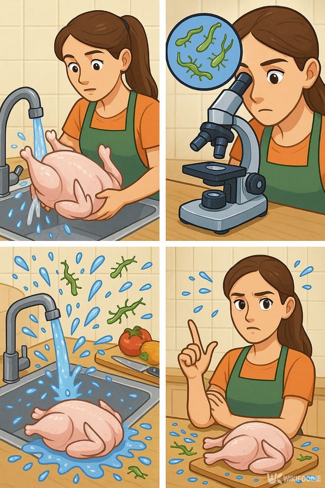 생닭을 물에 씻으면 위험한 이유를 나타낸 네컷만화. / 위키푸디