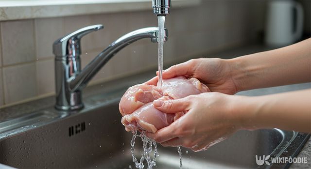 생닭을 흐르는 물에 세척하면 닭 표면에 붙어 있던 세균이 세척 과정에서 조리기구, 주변 식재료, 싱크대까지 오염시킬 수 있다. / 위키푸디