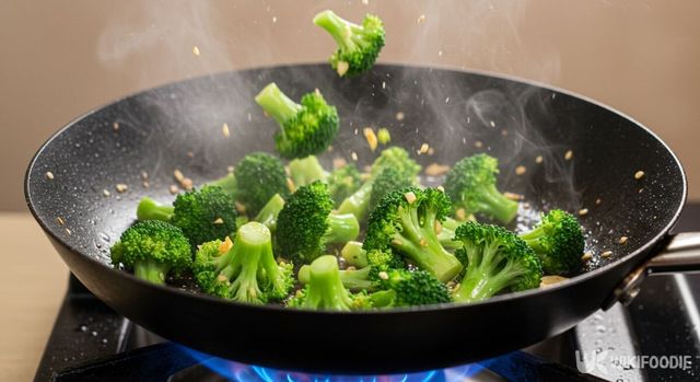 브로콜리를 프라이팬에 볶고 있다. / 위키푸디