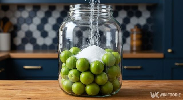 유리병에 매실과 설탕을 붓고 있다. / 위키푸디