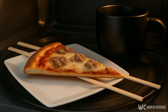 냉동 피자를 물이 담긴 머그컵과 함께 전자레인지에 데우는 모습. / 위키푸디