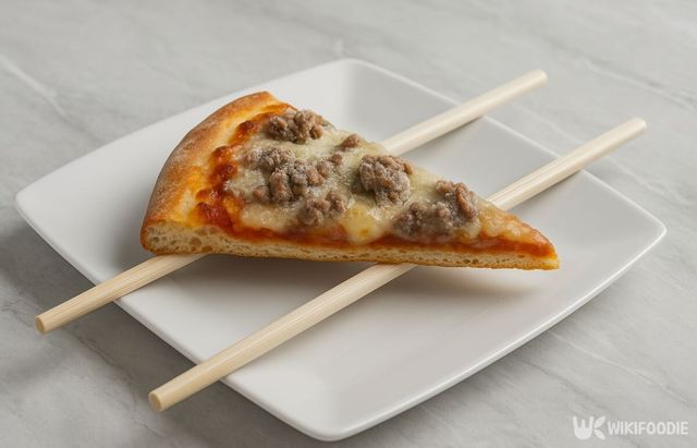 냉동 피자를 접시와 나무젓가락 위에 올려놓은 모습. / 위키푸디