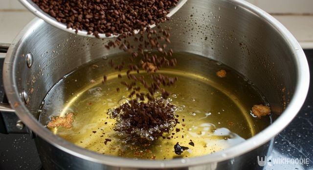 기름이 들어 있는 냄비에 커피 찌꺼기를 붓는 모습. / 위키푸디