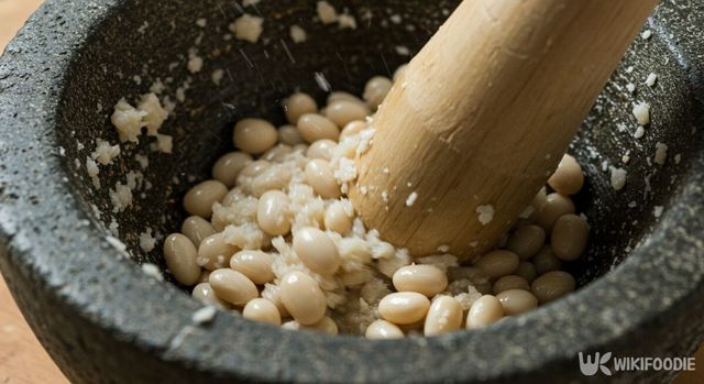 흰콩을 절구에 빻고 있다. / 위키푸디