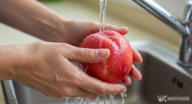 복숭아를 흐르는 물에 세척하는 모습. / 위키푸디