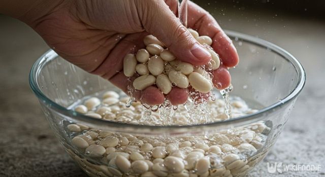 흰콩을 흐르는 물에 세척하고 있다. / 위키푸디