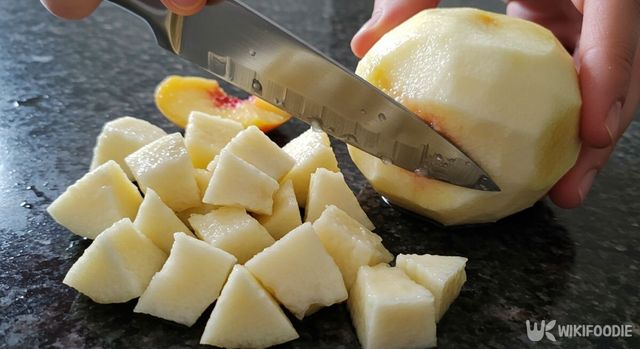 복숭아를 먹기 좋은 크기로 써는 모습. / 위키푸디