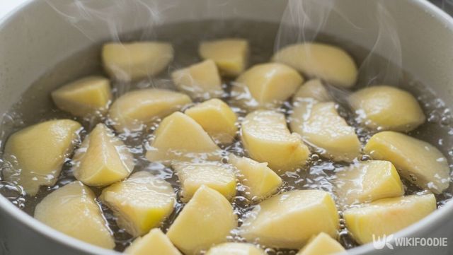 복숭아를 뜨거운 물에 끓이고 있다. / 위키푸디