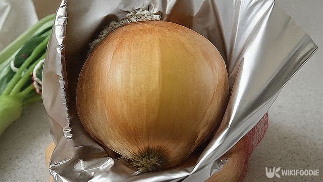 양파를 쿠킹 호일에 감싼 모습. / 위키푸디