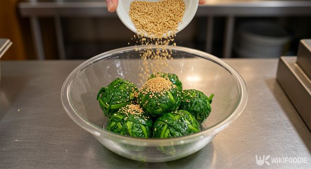 데친 부추를 둥글게 만들고 그 위에 통깨를 뿌리는 모습. / 위키푸디