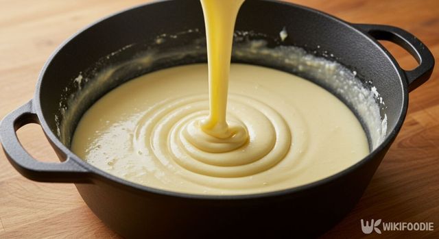 냄비에 완성된 반죽을 붓고 있다. / 위키푸디