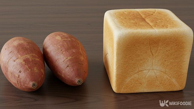 고구마 2개와 식빵 1개가 식탁에 놓여 있다. / 위키푸디