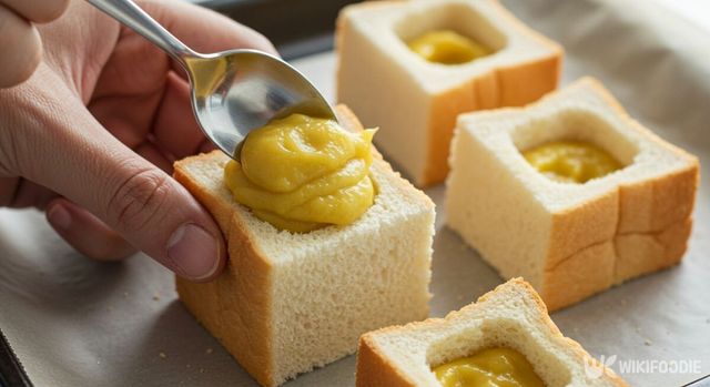 큐브 식빵에 고구마무스를 넣고 있다. / 위키푸디