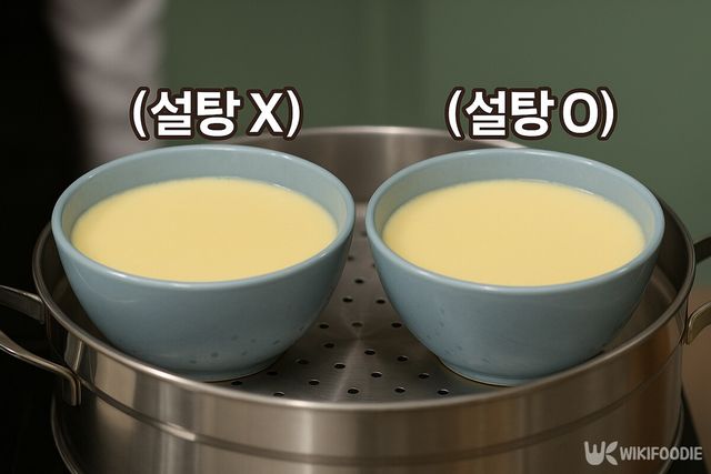 설탕은 안 넣은 달걀푸딩과 넣은 달걀푸딩. / 위키푸디