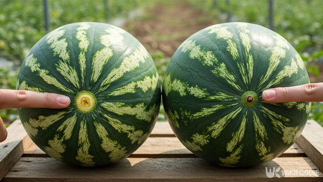 수박을 고를 땐 오른쪽처럼 배꼽이 작은 쪽이 과육이 촘촘하다. / 위키푸디