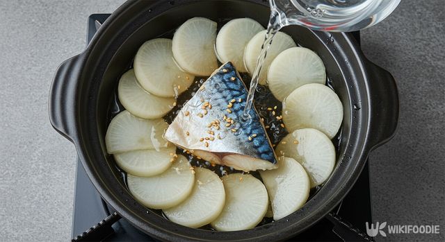 고등어무조림을 끓이기 위해 물을 넣는 모습. / 위키푸디