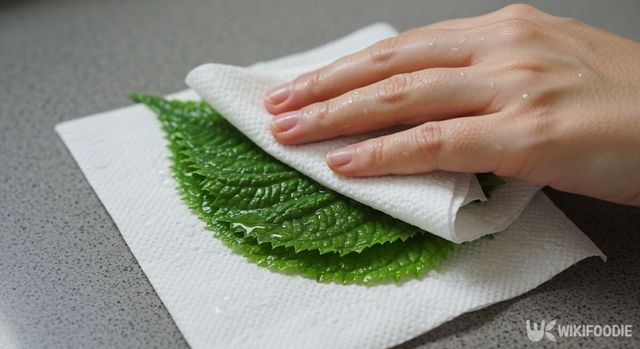 키친타월로 깻잎을 닦고 있다. / 위키푸디