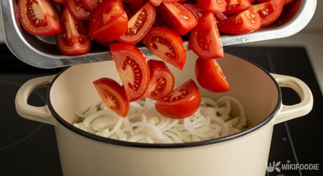 토마토를 냄비에 붓고 있다. / 위키푸디