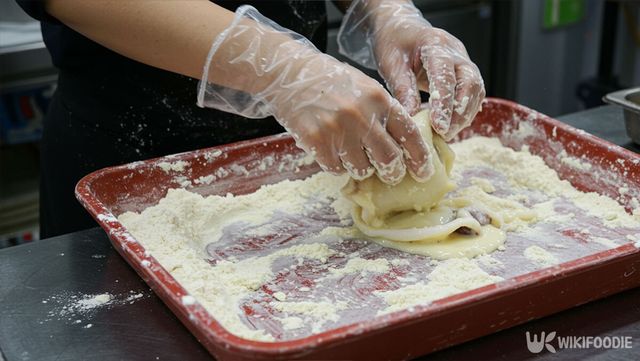 오징어에 튀김 옷을 입히는 모습. / 위키푸디