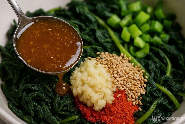 데친 고춧잎에 양념을 넣는 모습. / 위키푸디